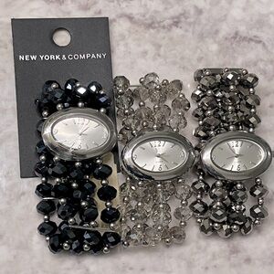 New York & Company Black, Silver, and Clear Beaded Watch Trio